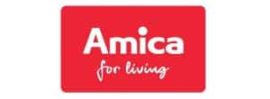 Logo Amica - biały napis Amica for living na czerwonym tle