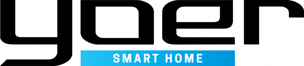 Logo marki Yoer - czarny napis yoer, a pod nim niebieski prostokąt z białym napisem SMART HOME