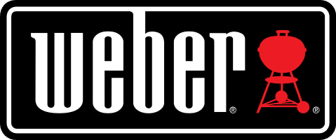 Logo marki weber - biały napis weber na czarnym tle i czerwony piktogram z grillem węglowym w kształcie kuli
