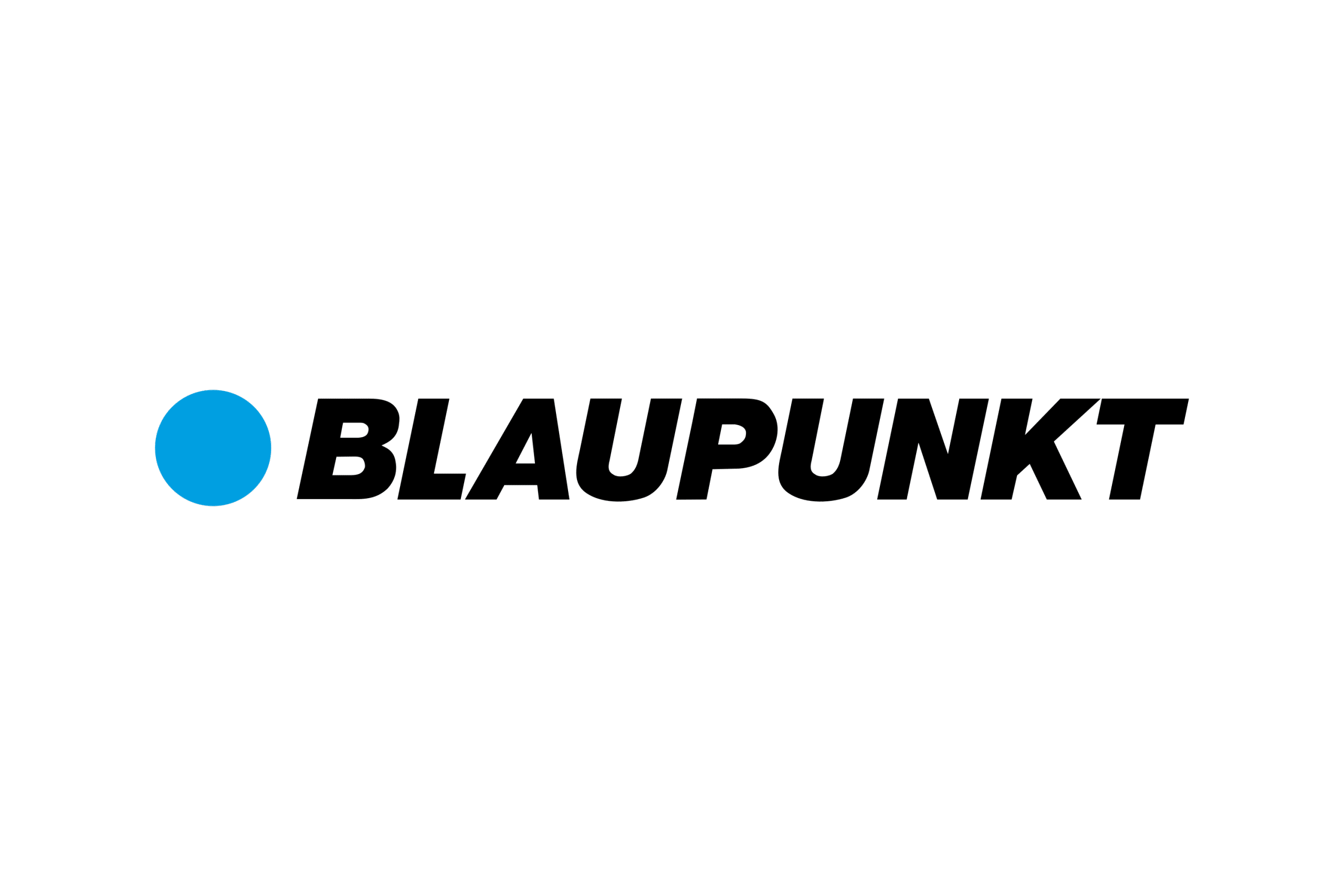 Logo Blaupunkt - czarny napis Blaupunkt na białym tle poprzedzony niebieską kropką