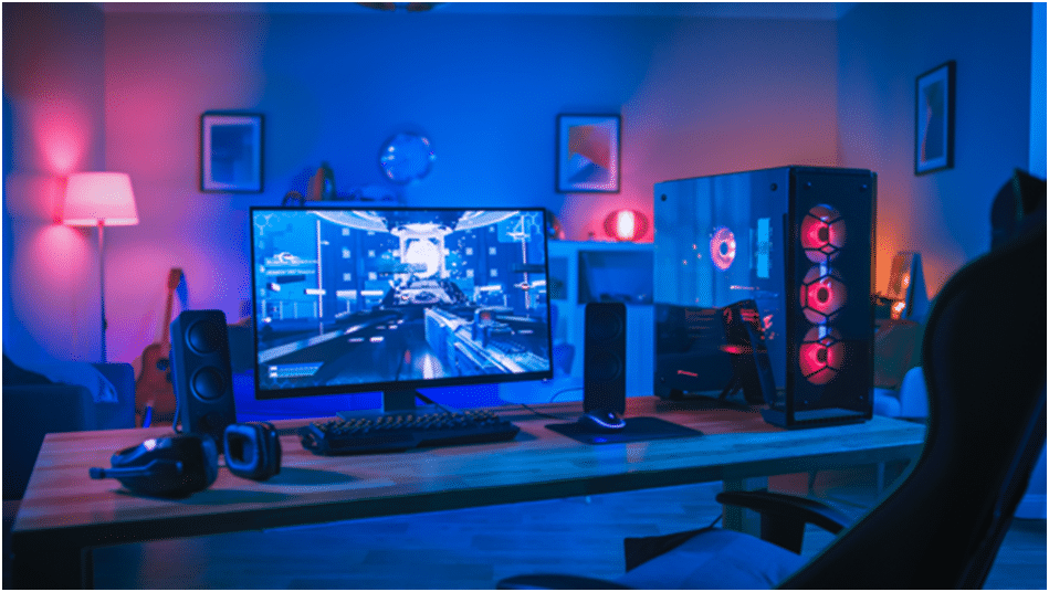 Stanowisko gamingowe z niebiesko-czerwonym podświetleniem LED