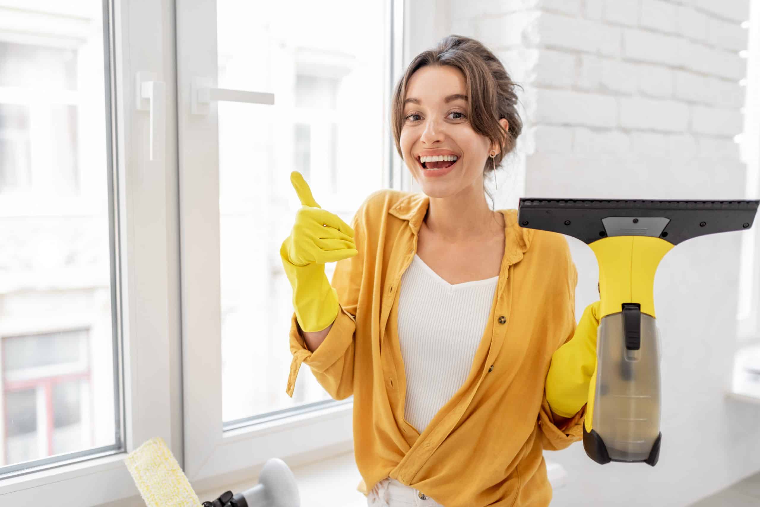 Uśmiechnięta kobieta w gumowych rękawiczkach trzymająca żółtą myjkę do okien w 