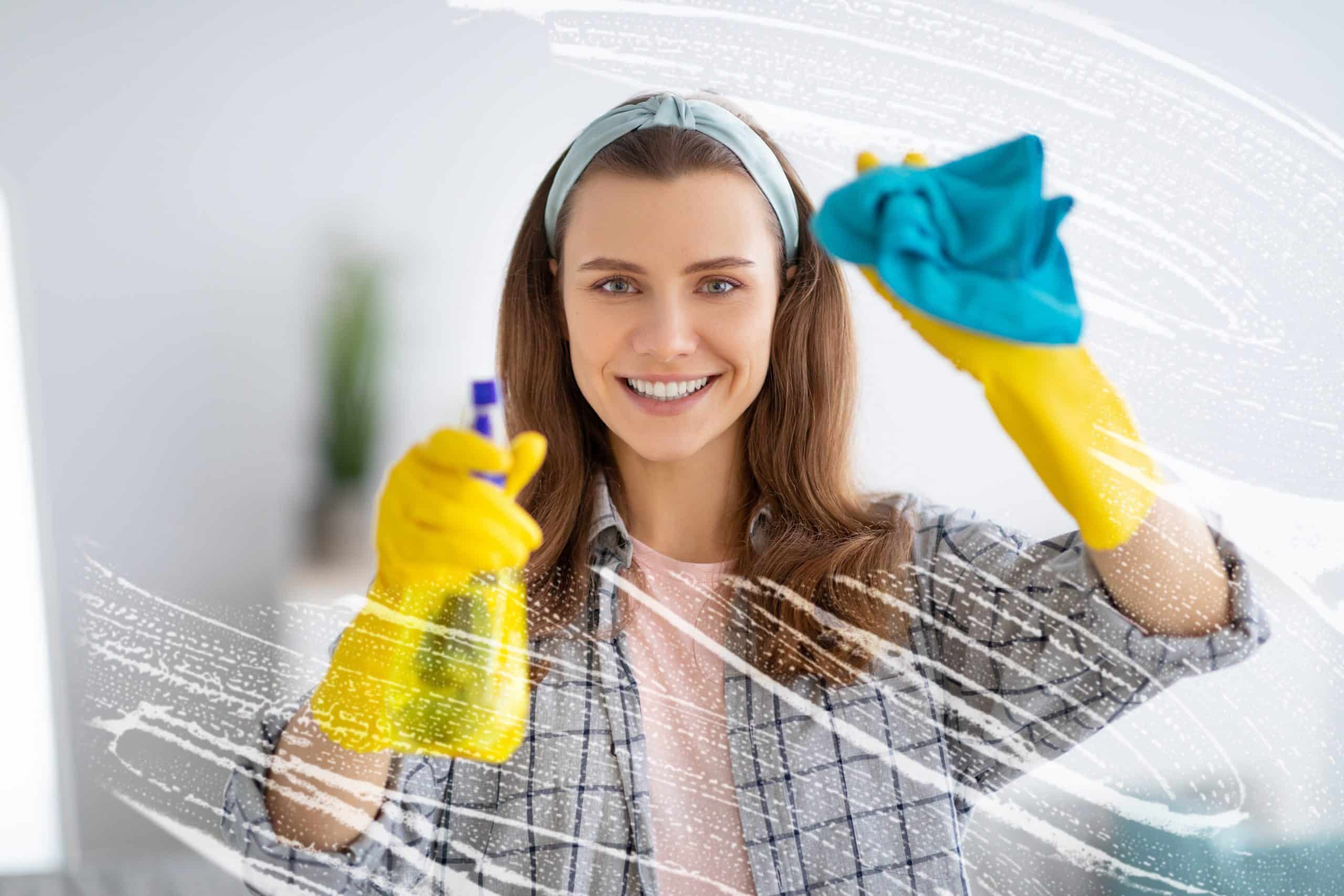 Młoda kobieta w żółtych gumowych rękawiczkach myjąca okna płynem do szyb i ściereczką
