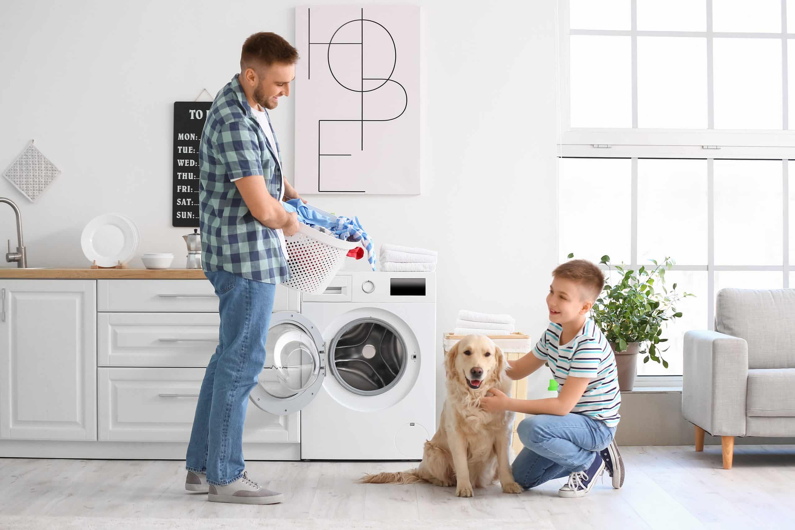 Mężczyzna robi pranie w prace do sierści, obok chłopiec głaszcze dużego psa