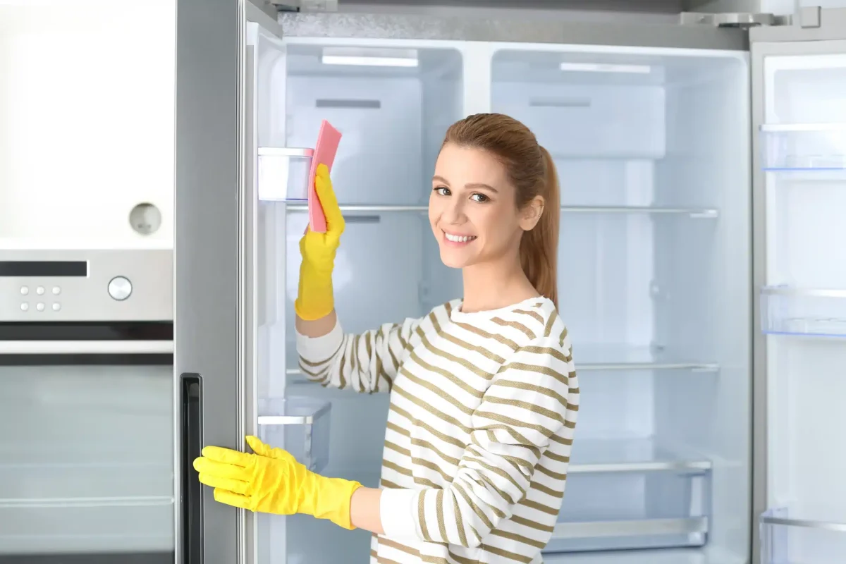 Młoda kobieta czyści lodówkę w środku ściereczką z detergentem