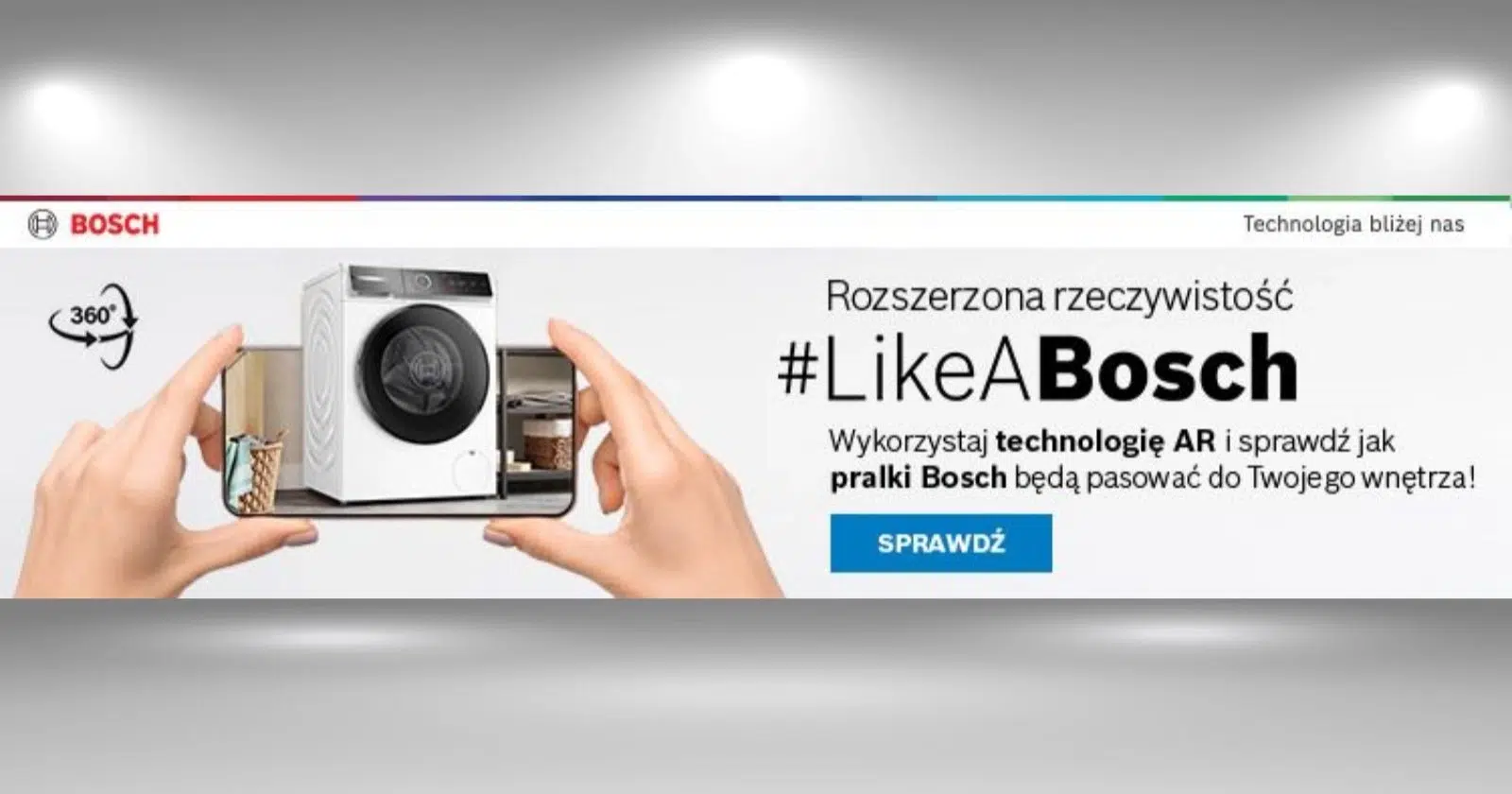 banner reklamowy promujący kampanię pralek i suszarek #LikeABosch i wykorzystanie AR - wirtualnej rzeczywistości