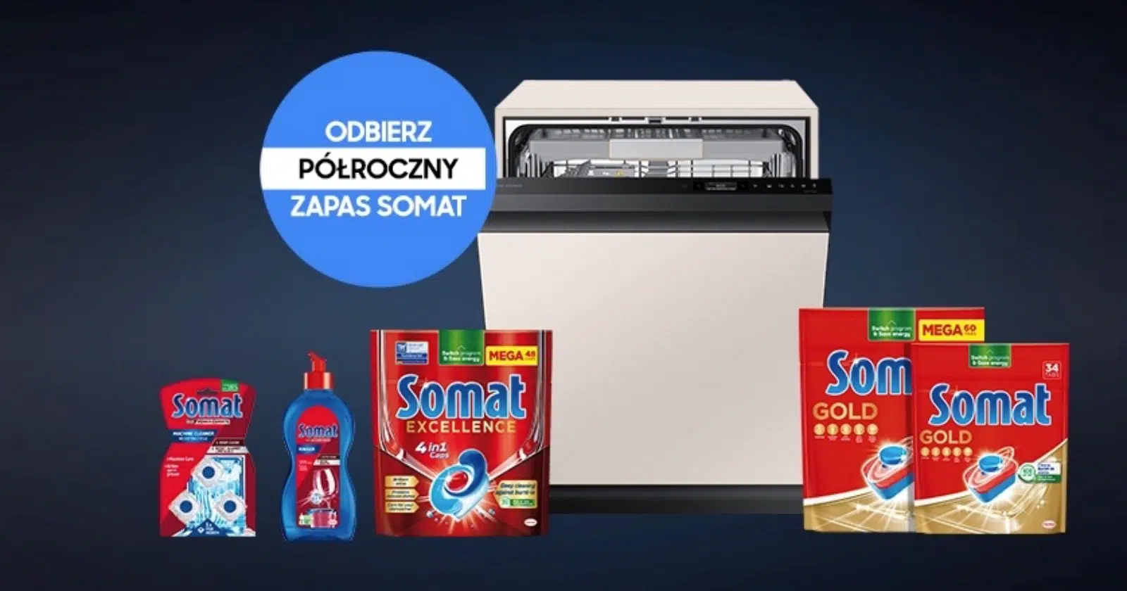 zmywarka Samsung i zestaw produktów Somat biorących udział w promocji