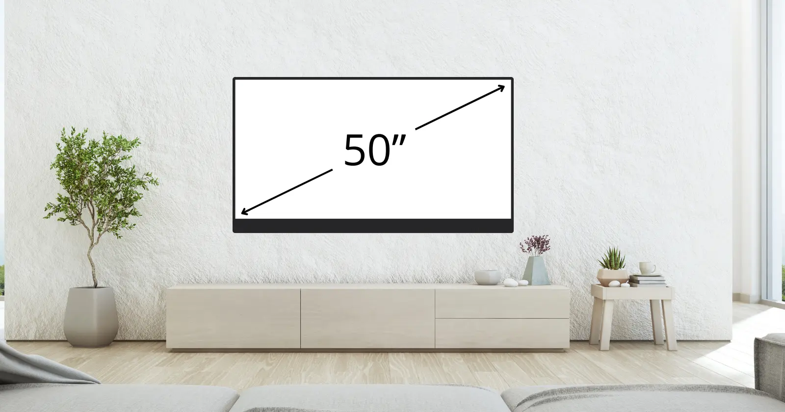 rysunkowy telewizor 50 cali umieszczony na ścianie salonu