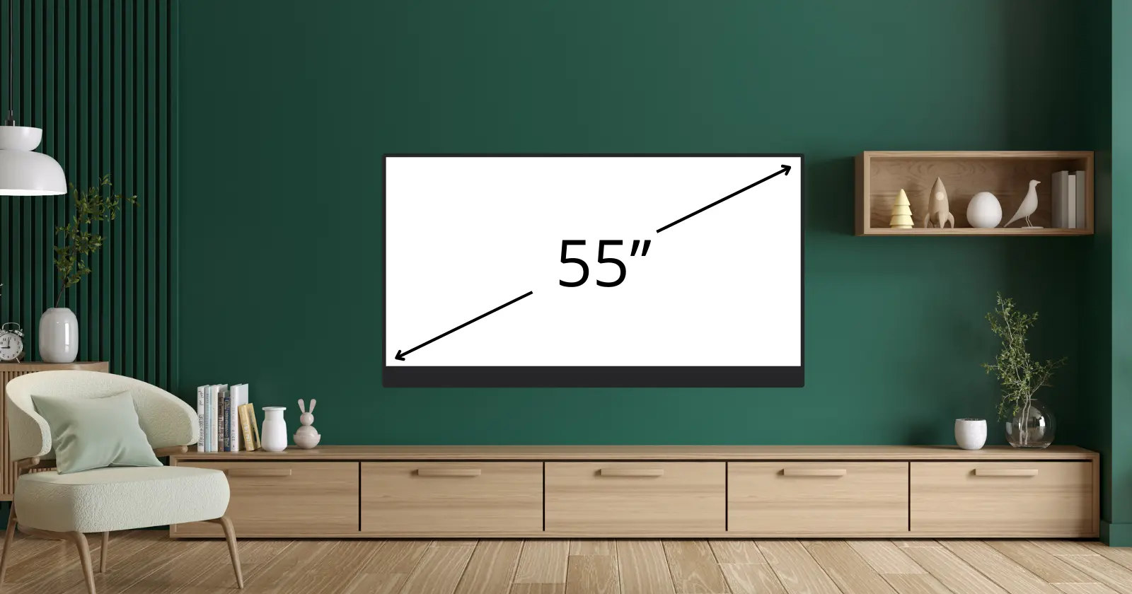 rysunkowy telewizor 55 cali umieszczony na ścianie salonu