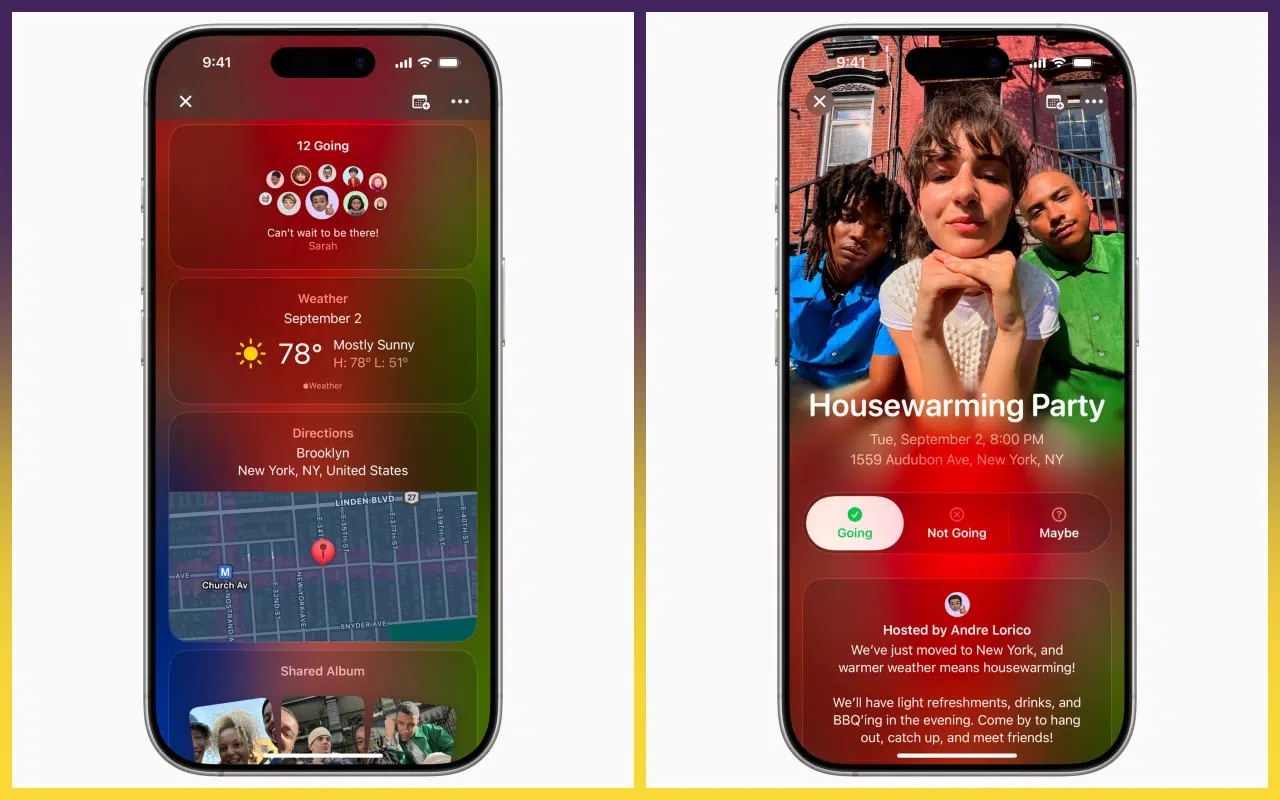 screeny z aplikacji Apple Invites, widoki ekranu na iPhone