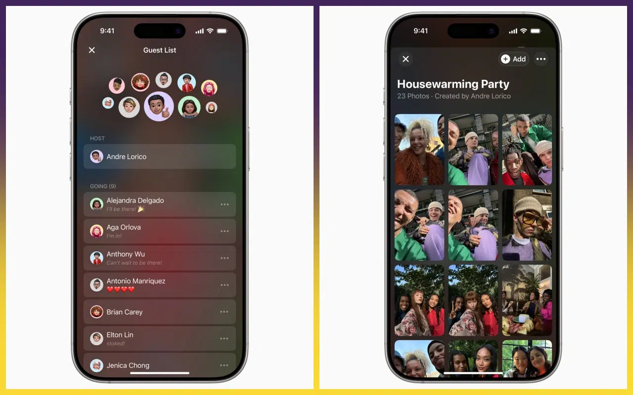 screeny z aplikacji Apple Invites, widoki ekranu na iPhone