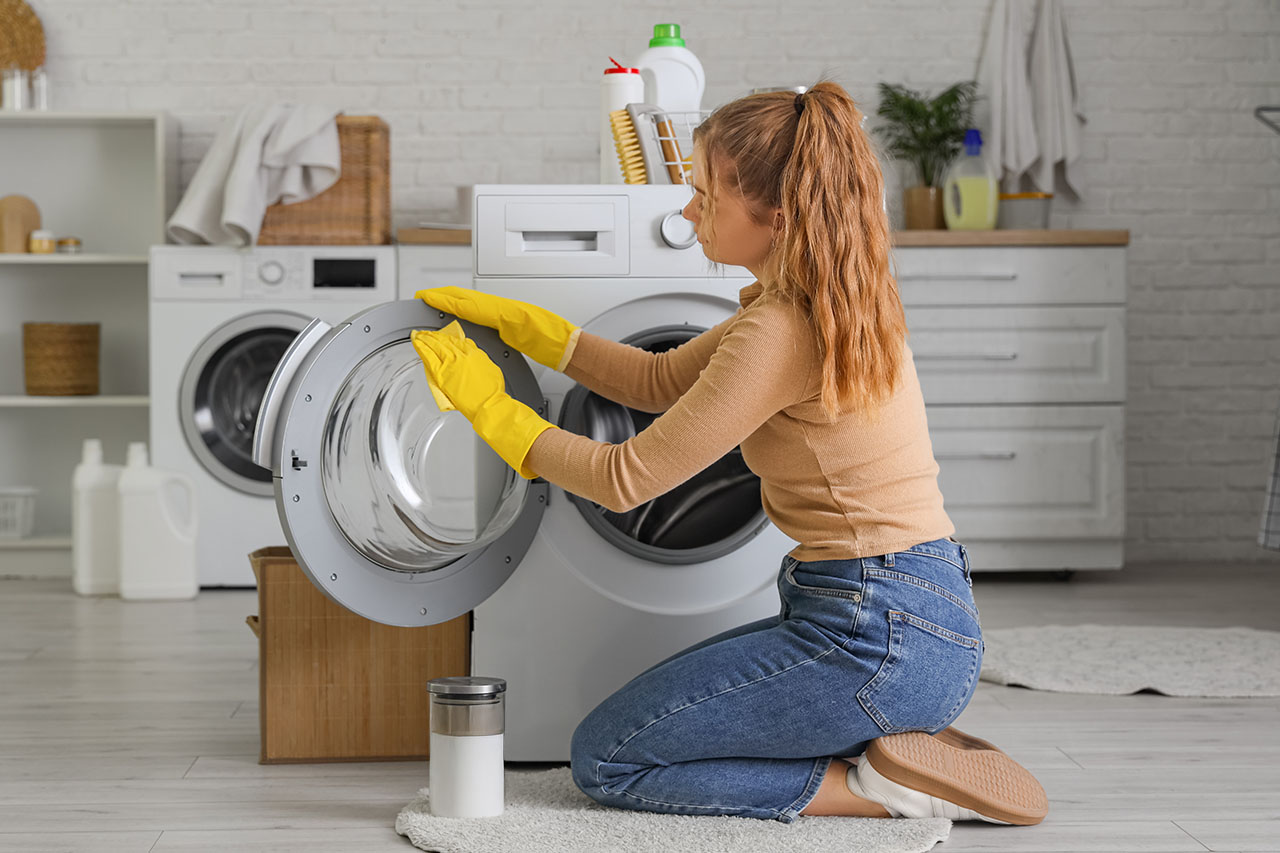 Kobieta w rękawiczkach sprząta wnętrze pralki, trzymając ściereczkę.