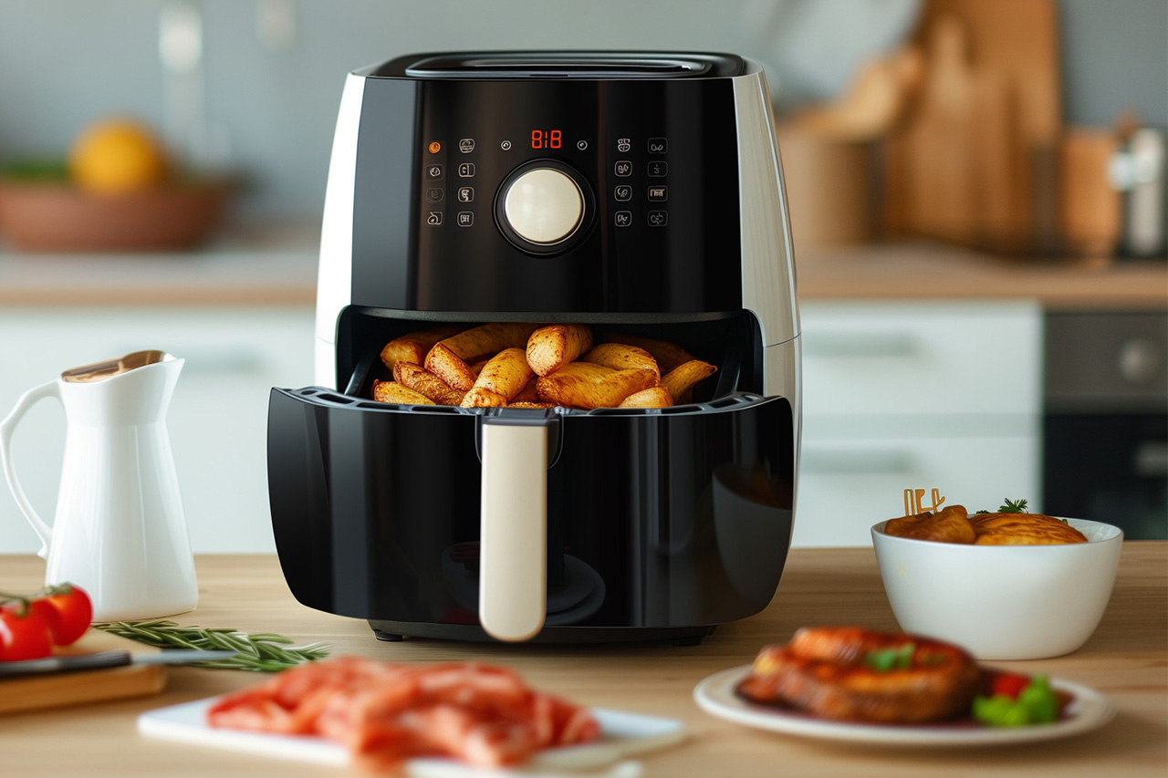 Czarna airfryer z pieczonymi ziemniakami na tle kuchni. - zdjęcie