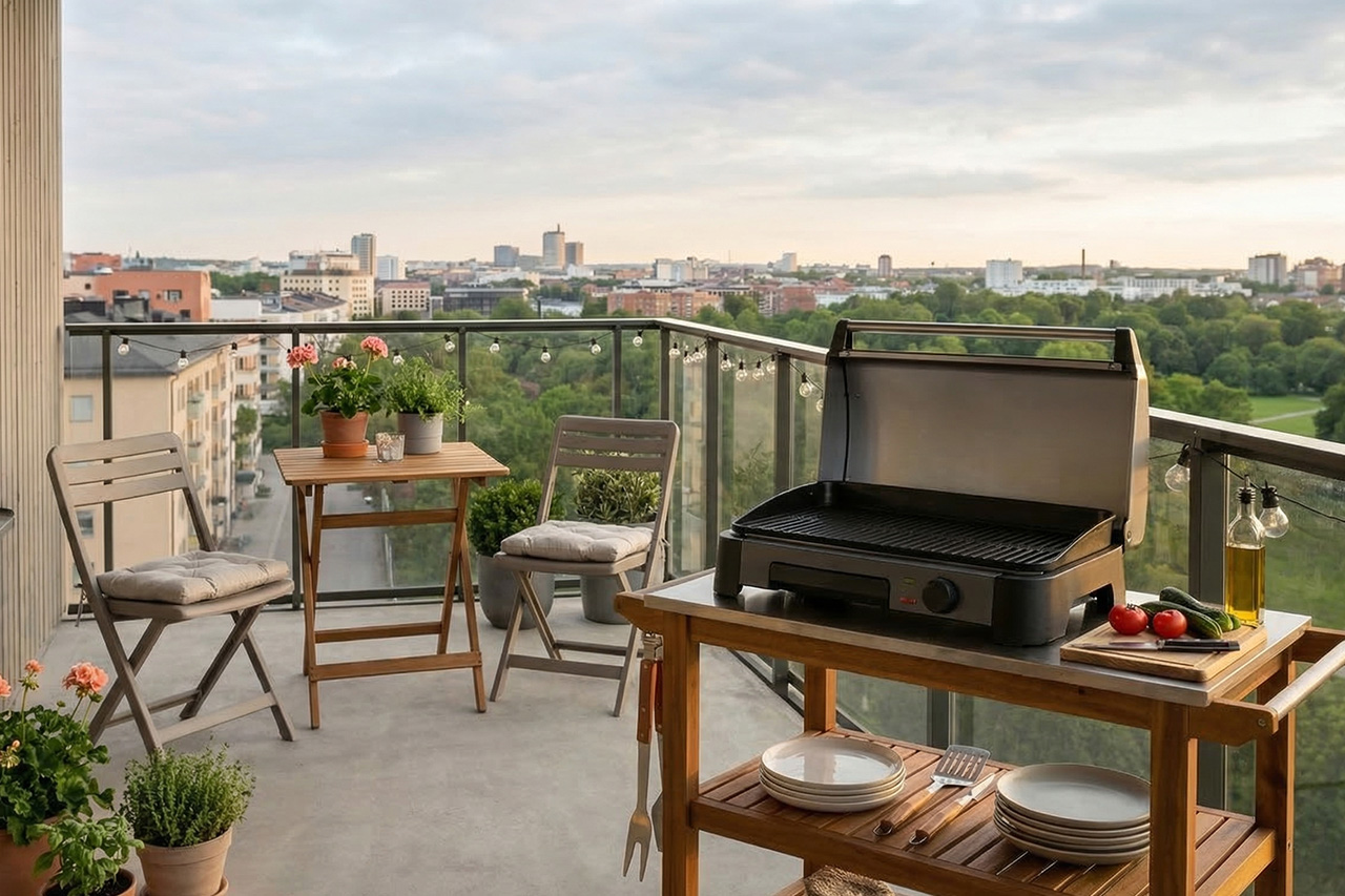 Balkon z grillem elektrycznym i widokiem na miasto. - zdjęcie