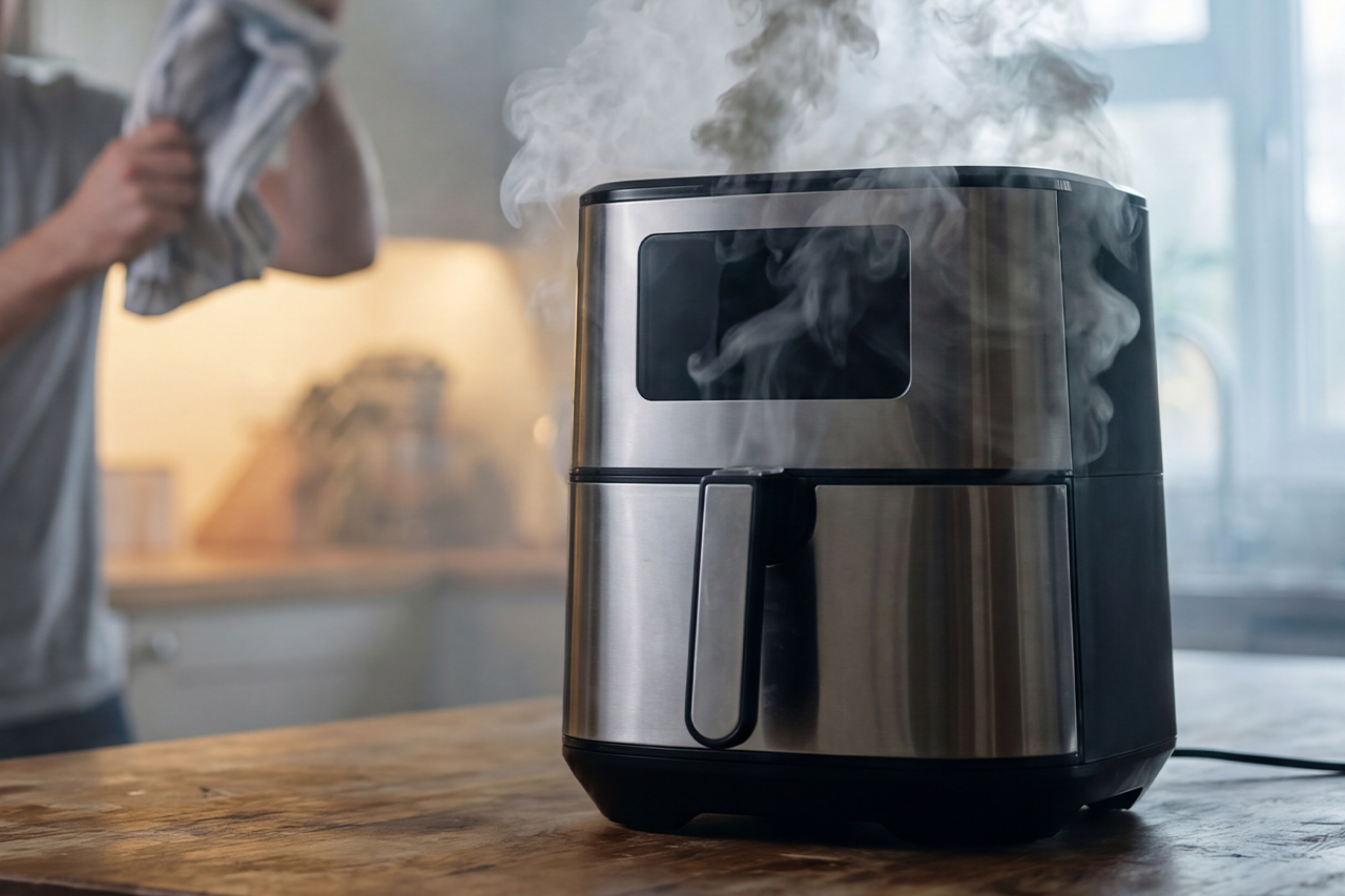 Dymiący airfryer w kuchni - zdjęcie.