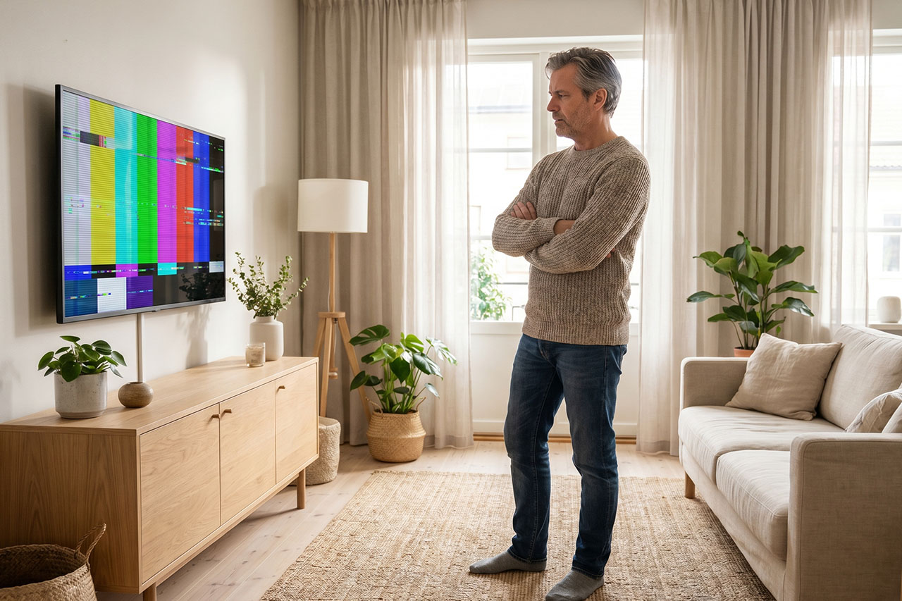 Mężczyzna stoi przed telewizorem z uszkodzonym kolorowym obrazem. - zdjęcie