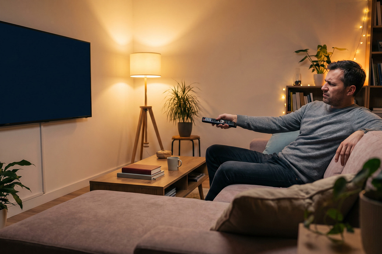 Mężczyzna siedzi na kanapie i pilotem próbuje włączyć niedziałający telewizor. - zdjęcie