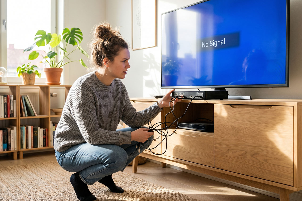 Kobieta sprawdza kable przy telewizorze z komunikatem no signal. - zdjęcie