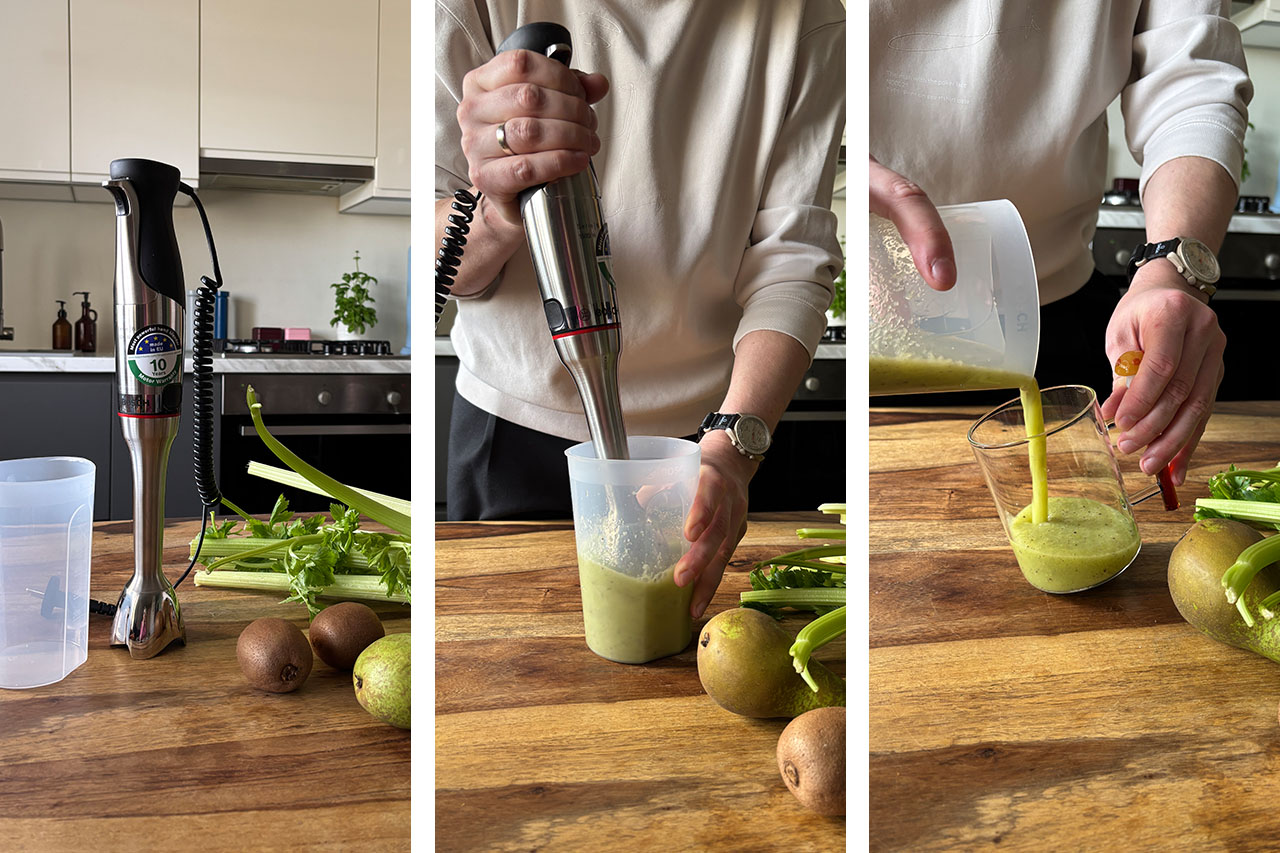 Przygotowanie smoothie z selera naciowego, kiwi i gruszek za pomocą blendera Bosch Ergomaster. - zdjęcie