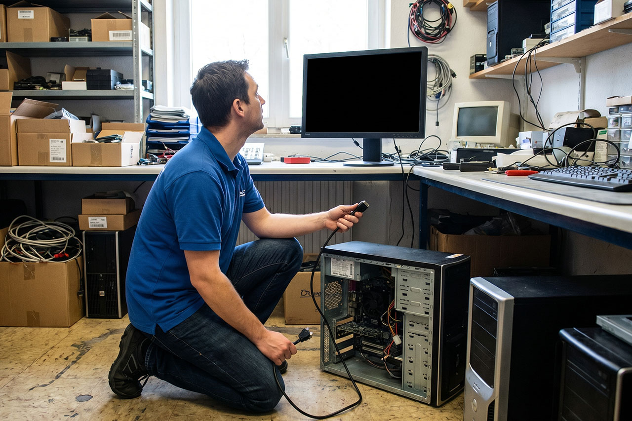 Technik w serwisie komputerowym sprawdza monitor. - zdjęcie