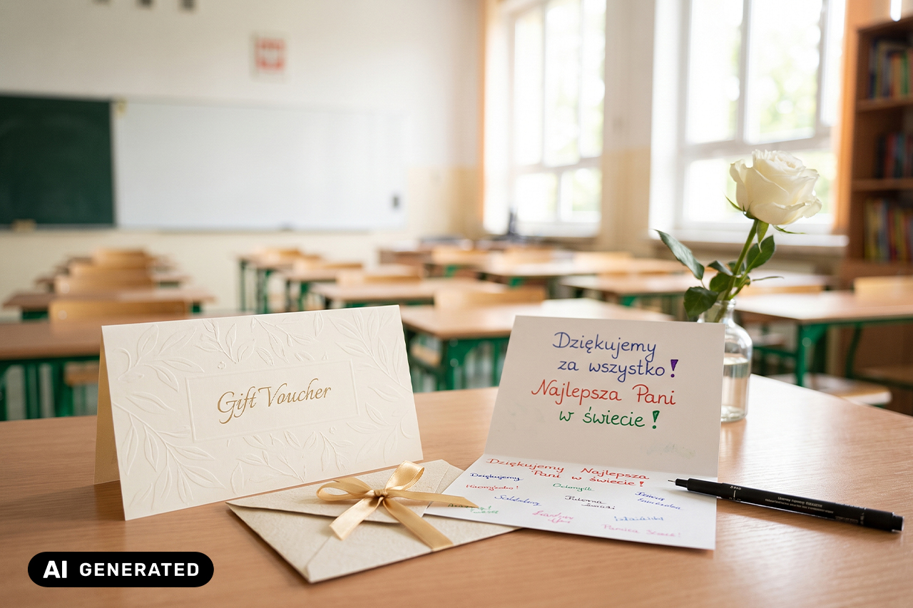 Kartka z podziękowaniami od uczniów z kartą podarunkową na biurku nauczyciela - grafika AI