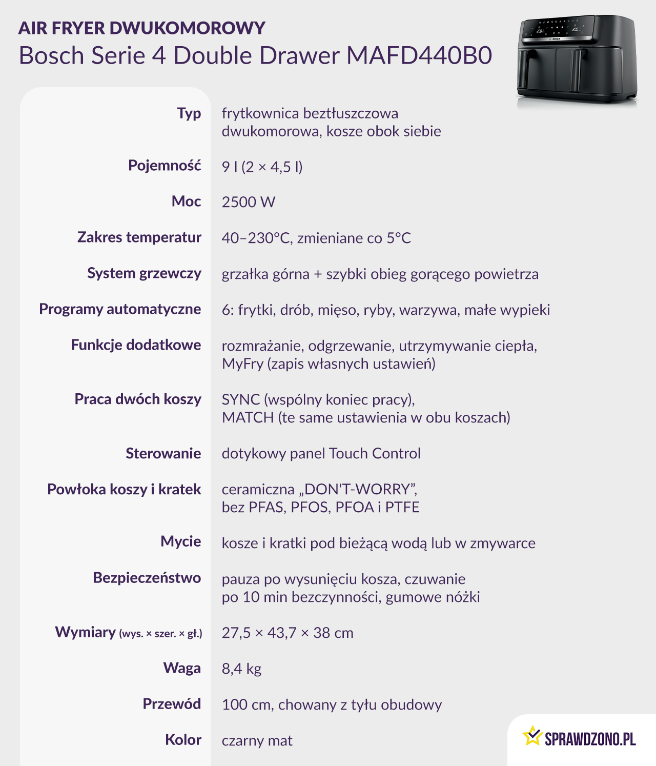 Air fryer dwukomorowy Bosch Serie 4 Double Drawer MAFD440B0 - infografika