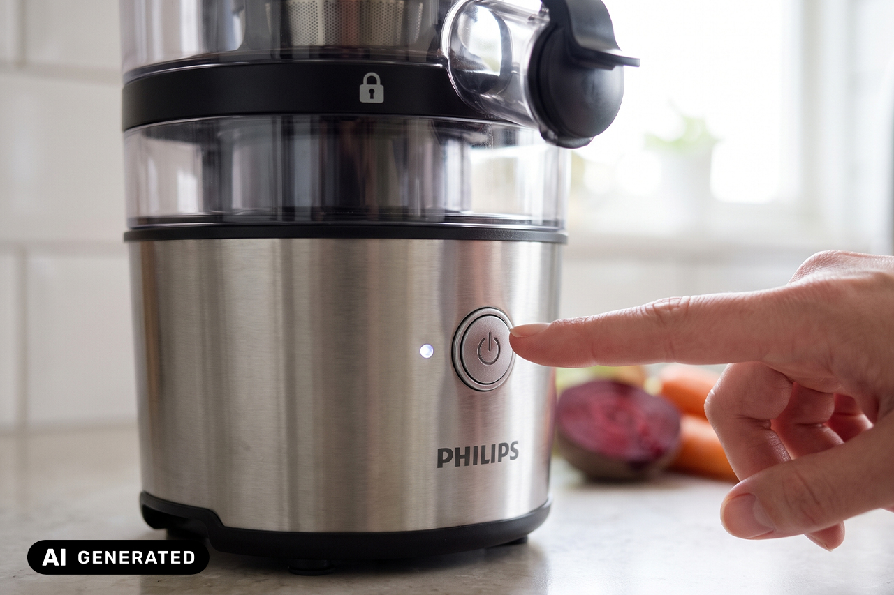 Wyciskarka wolnoobrotowa Philips na blacie w kuchni - grafika AI